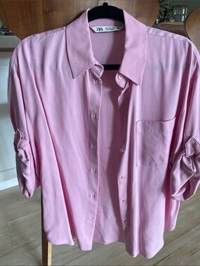 ZARA Men's Light Pink Casual Button-Down Shirt